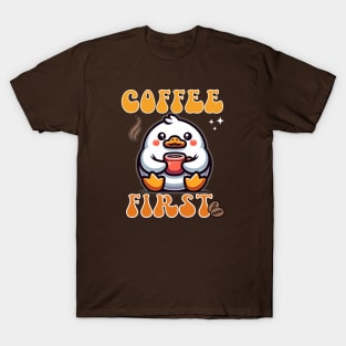 Coffee First - Cute Chubby Duck Enjoying Coffee T-Shirt